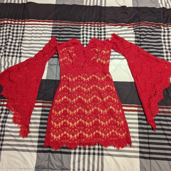 Cold-Shoulder Red Lace Dress - Picture 1 of 6
